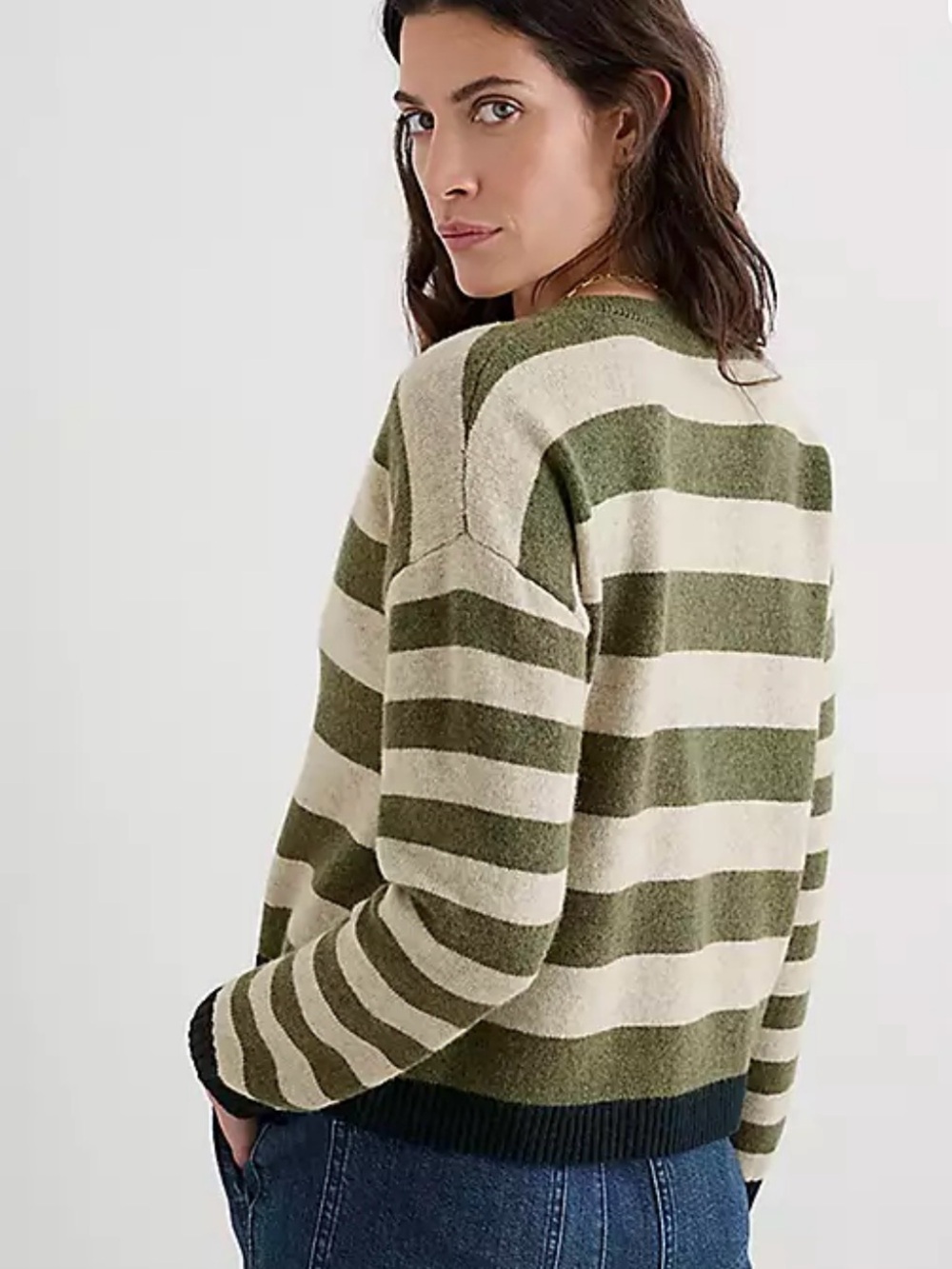 Seasalt Cornwell Striped Olive & Cream Button-Front Sweater Cardigan - Picture 5 of 10